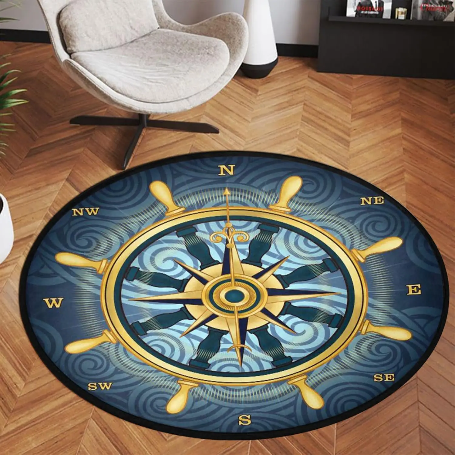 

Blue Compass Rose Non-Slip Doormat Gold Nautical Theme Non-Slip Floor Mat Round Area Rug Carpet for Bedroom Living Room
