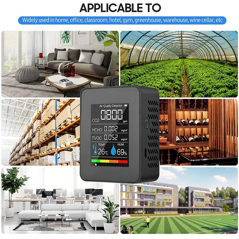 HOT-5 In 1 Air Quality Monitor TVOC HCHO Temperature Humidity CO2 Meter, USB Rechargeable CO2 Detector