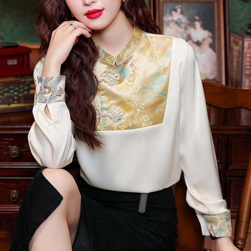 

QOERLIN New Chinese Style Disc Button Embroidered Shirts Women Long Sleeve Stand Collar Heavy Industry Elegant Loose Tops Blouse