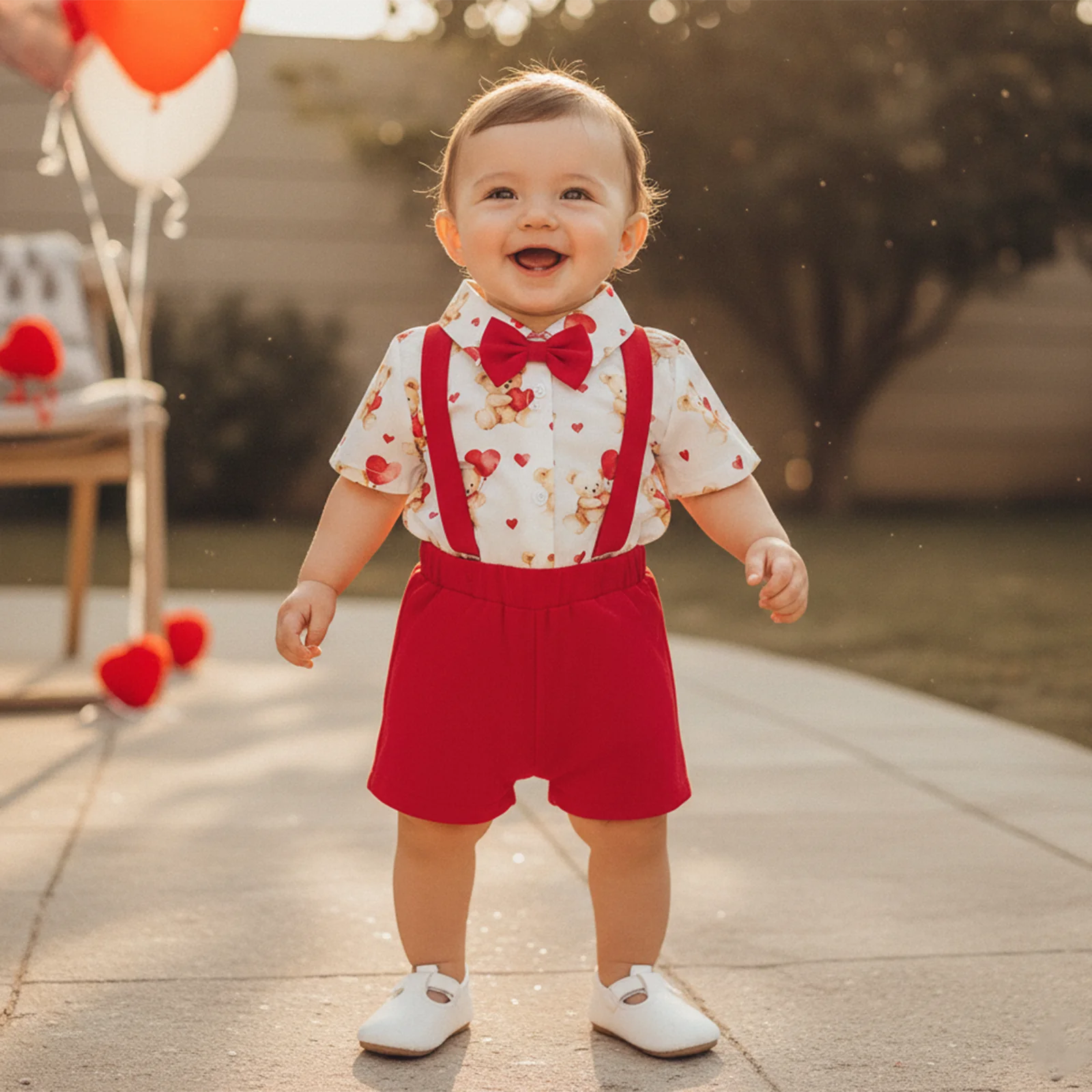 

Милый наряд на День Святого Валентина для маленьких мальчиков 0-18 месяцев, комбинезон с короткими рукавами и галстуком-бабочкой в форме сердца, шорты на подтяжках, комплект из 2 предметов