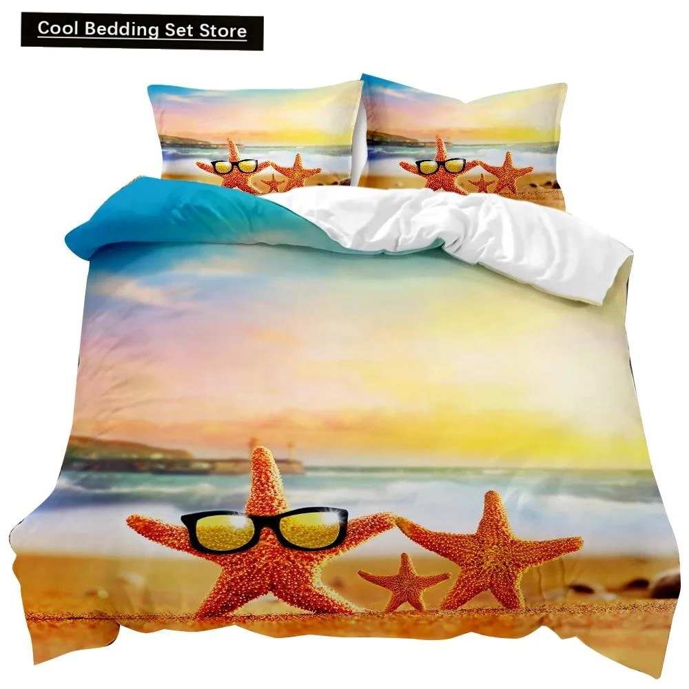 Beach Duvet Cover Set Summer Ocean Bedding Set Hawaiian Marine Sea Waves 3D Print Starfish Polyester Comforter Cover Queen King