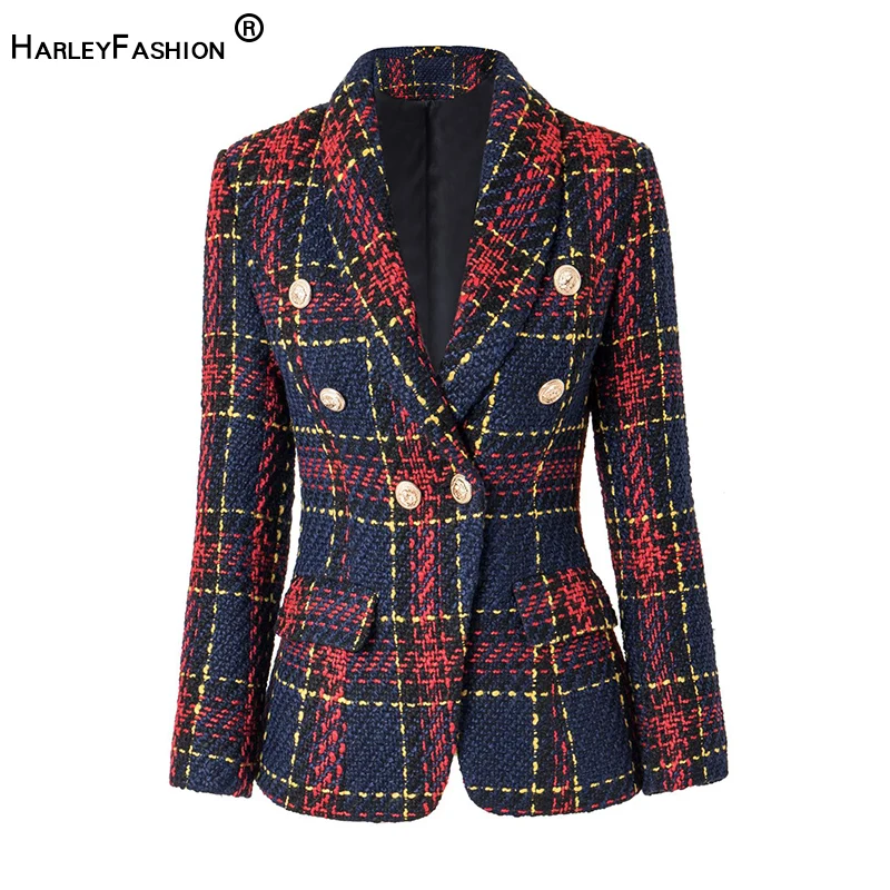 Autumn Winter Super Quality Scotticize Vintage Style Thick Woolen Red Plaid Pattern Slim Fit Women Blazer Outerdoor Jackets