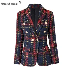 Autumn Winter Super Quality Scotticize Vintage Style Thick Woolen Red Plaid Pattern Slim Fit Women Blazer Outerdoor Jackets