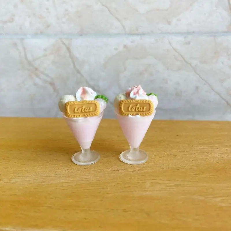 1 Juego de casa de muñecas en miniatura, taza de helado de fresa rosa, modelo de accesorios de comida para decoración de casa de muñecas, juguetes para juego de imitación para niños, regalo