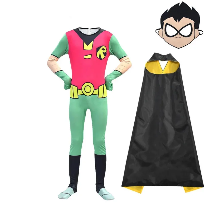 New 2025 Halloween Costumes for Kids Teen Titans Go Robin Cosplay Boys Girls Bodysuit and cloak Cartoon Disfraces Carnival☆★☆★qq