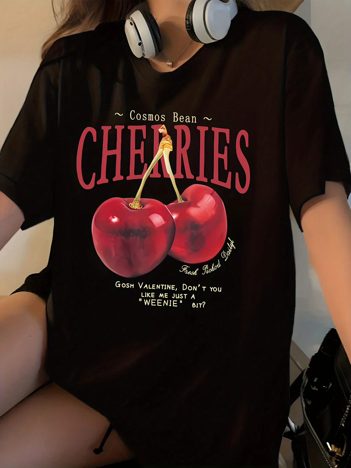 Plus Size Casual Crew Neck T-Shirt with Cherry Graphic Print-100% Polyester Knit Fabric with Medium Stretch