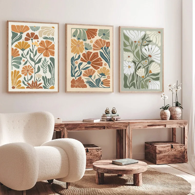 Boho Abstract Floral Canvas Wall Art Set Earth Tone Botanical Line Minimalist Vintage Plant Poster Bedroom Living Room Decor