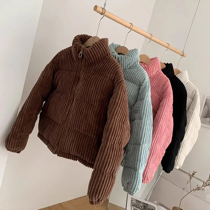 REDDACHiC Striped Corduroy Turtleneck Puffer for Women Cotton-Padded Quilted Coat Casual Plain Crop Bomber Jacket Winter Parkas