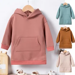 Winter Girls Sweatshirt Long Unisex Children's Clothes Hooded Split Sweatshirt Solid Color Top Large Pockets Padded Warmth