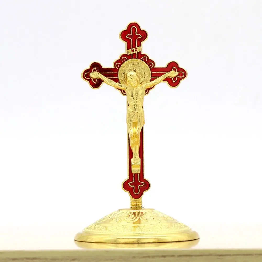 Retro With Stand Church Cross Ornaments Handmade Craft Alloy Cross Ornaments Religious Plated Gold Statue Church