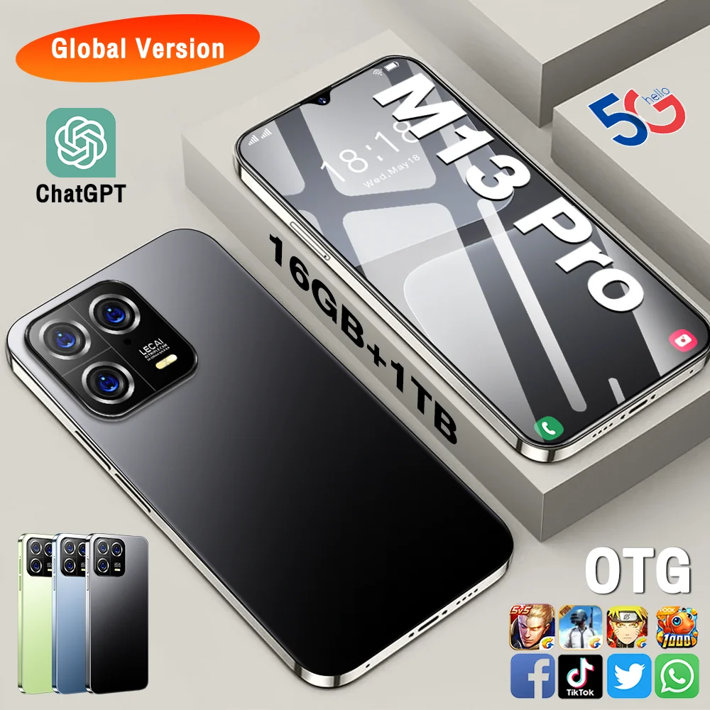 

Global Original Phone M13pro 7.3inch Smartphone Android 5G Snapdragon 8 gen2 108MP Camera celulares with Clear Case Cell Phones