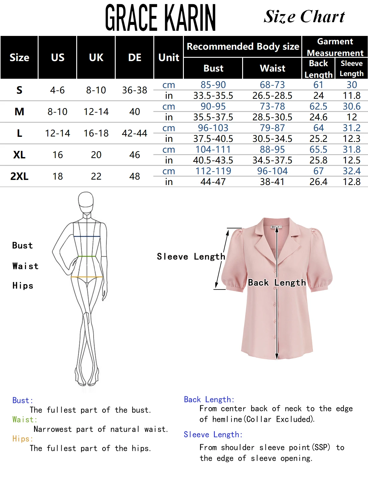 GK camicia con risvolto con tacca da donna, maniche corte a sbuffo, abbottonatura a pieghe sul retro