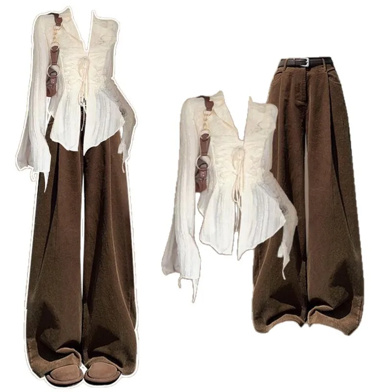 Spring and Autumn a Complete Set of Maillard Outfits High-end Casual Fashion Shirt Wide Leg Pants Three-piece Set