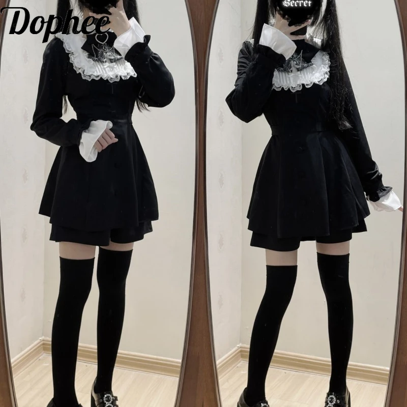 Dophee Japanese Lolita Sets Sweet Girl Elegant Ruffles Lace Splicing Shirt Dress Love Bow Top Elastic Waist Skirt Shorts Suits