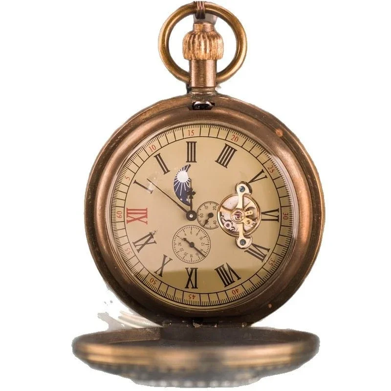 Sun, Moon and Stars Movement Bronze Angel Double Open Flip Manual Mechanical Pocket Watch Antique Memorial Treasure Old Man