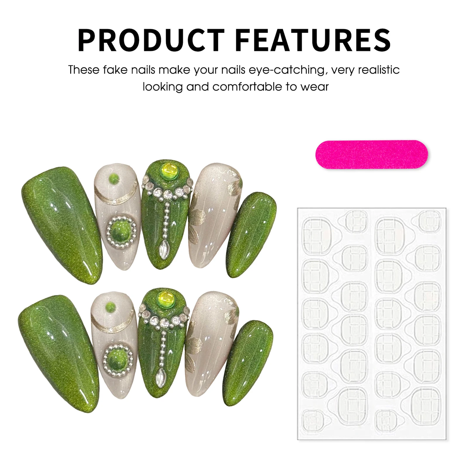 10 قطعة عين القط الأخضر اللامع اليدوية الأظافر كاذبة الساحرة الماس ديكور فتاة حار الأظافر وهمية غطاء كامل الصيف اضغط على الأظافر