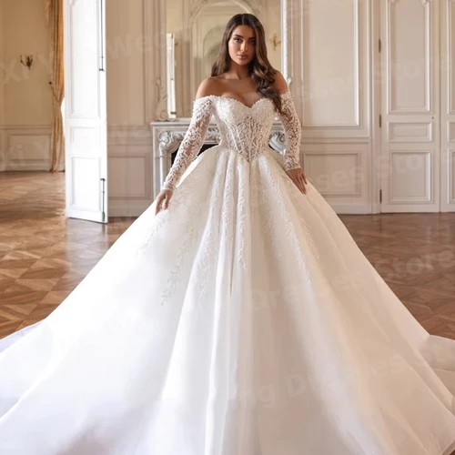 Imagen 2 del producto Exquisito una línea de vestidos De Novia con hombros descubiertos para mujer Vestido De Novia Apliques De encaje vestidos De Novia bata personalizada De Mariée