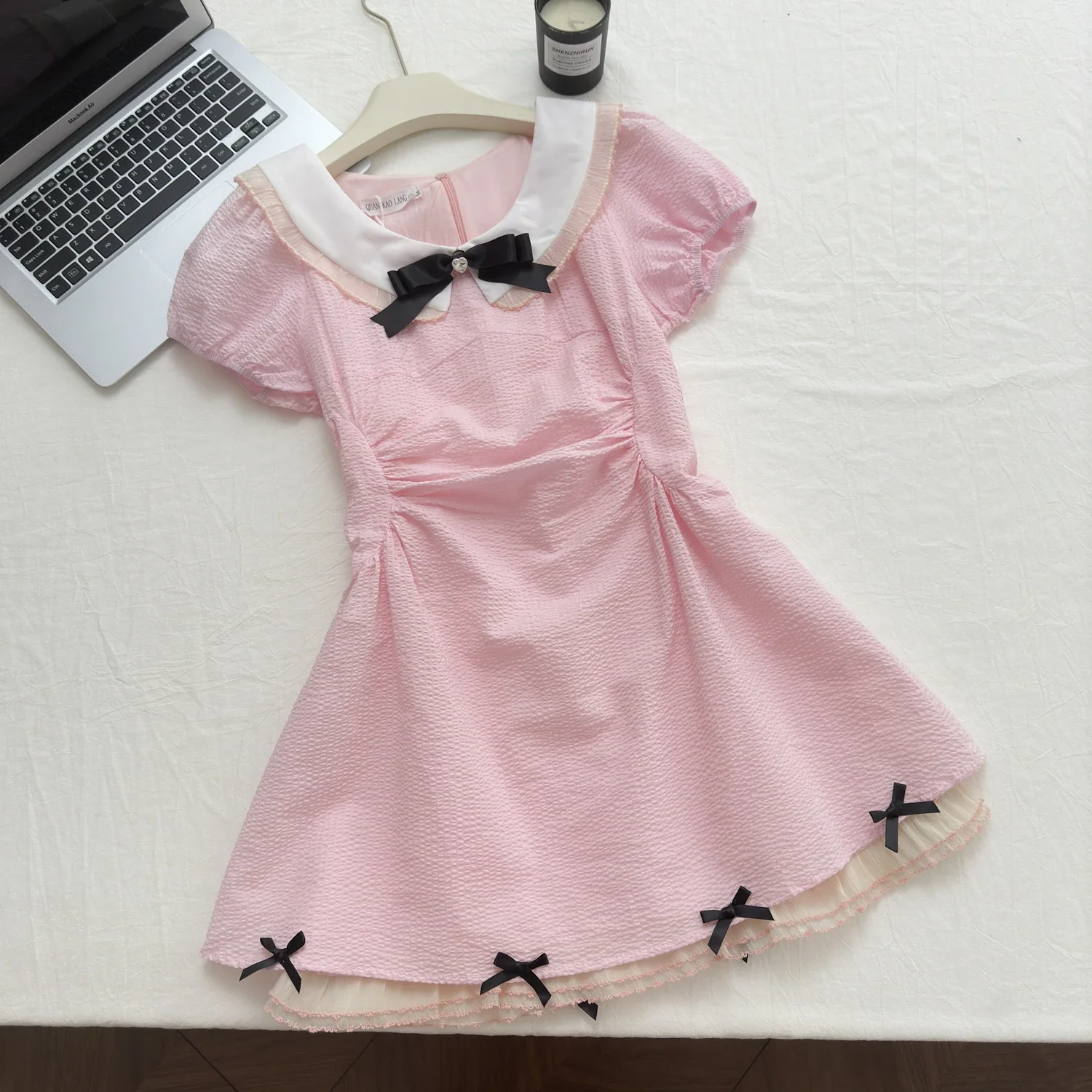 Pink Japanese Sweet Lace Bow Mini Dress Women Short Sleeve Kawaii Y2k Chic A-line Dress Female Korean Style Princess Dress 2024