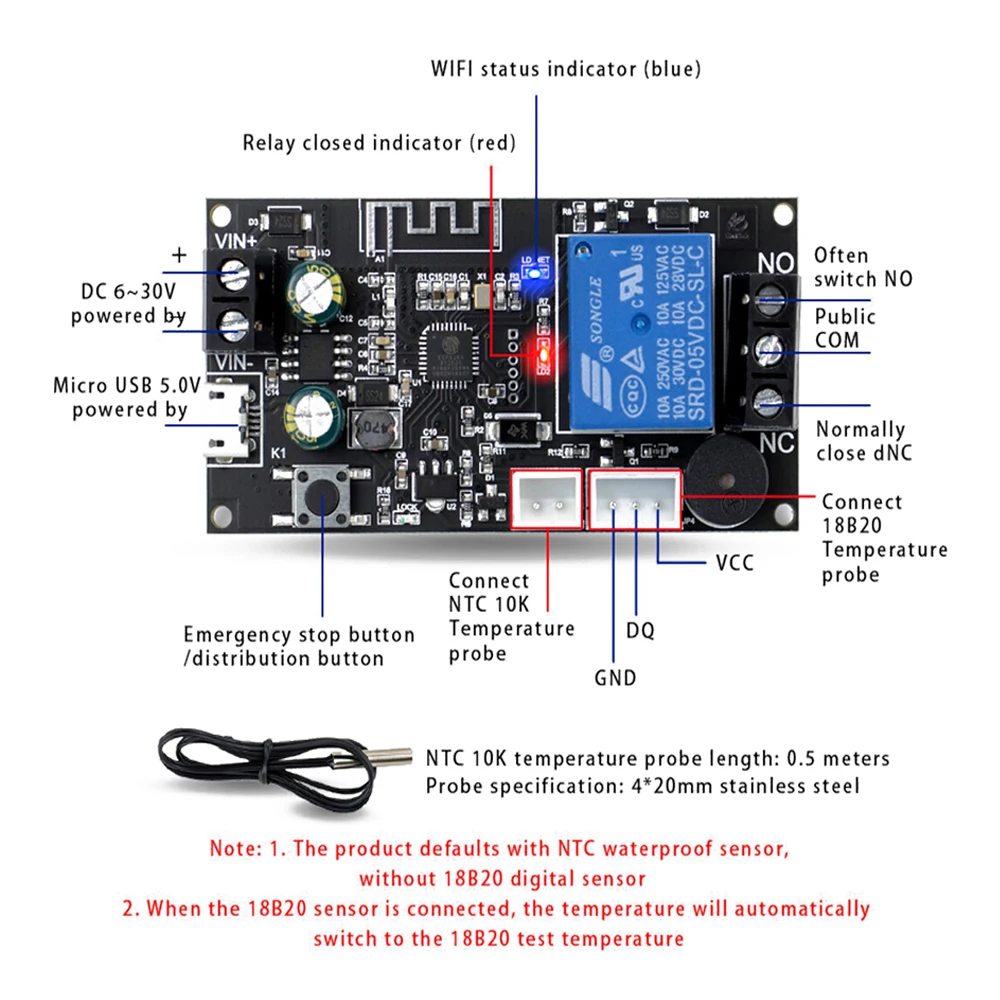 Pilot WIFI termostat DC6-30V precyzyjnego modułu pobierania regulatora temperatury, tryb chłodzenia