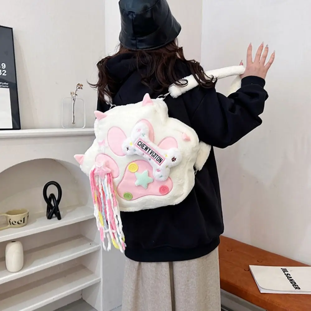 حقيبة ظهر قطيفة ذات سعة كبيرة على شكل مخلب قطة كرتونية متعددة الوظائف على شكل عظام مخلب القطط حقيبة ظهر قطيفة على الطراز الياباني