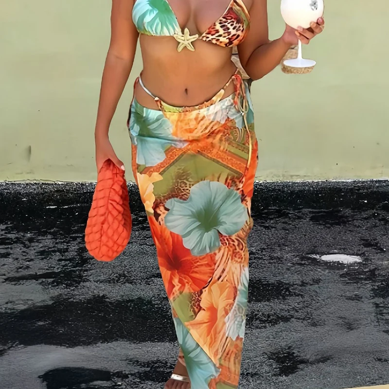 シックなレトロプリントビキニ、プッシュアップ水着、女性用トライアングル包帯マイクロビキニ、ロングスカートカバーアップ、2025年新作バケーションビーチウェア