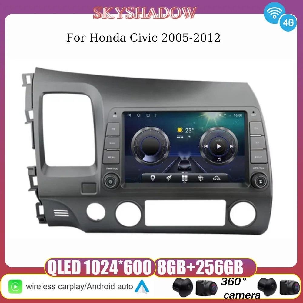 

360 12G+256G Carplay Auto Android 14.0 8" IPS 4G SIM Car DVD Player GPS Map WIFI Bluetooth RDS Radio For Honda Civic 2005-2012
