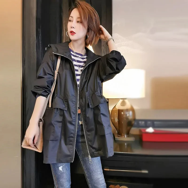 

Women's Jacket Mid-length Spring Autumn Nice Pop Korean Loose Hooded Windbreaker Female Outerwear Casual Tooling Tops