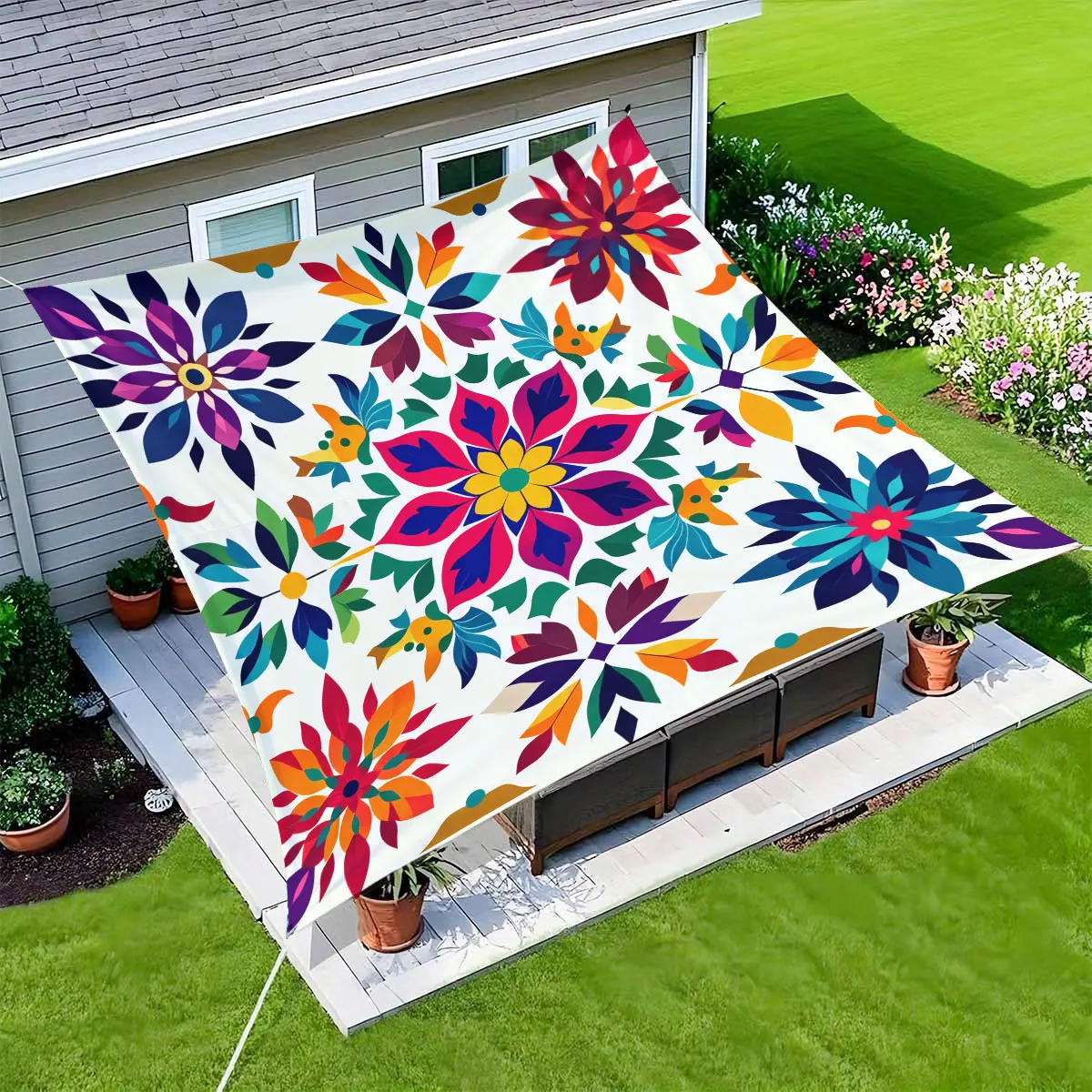 1 Piece Vibrant Southwest Floral Pattern Outdoor Awning-Traditional Mexican Tile Inspired UV Resistant Easy to Install and St
