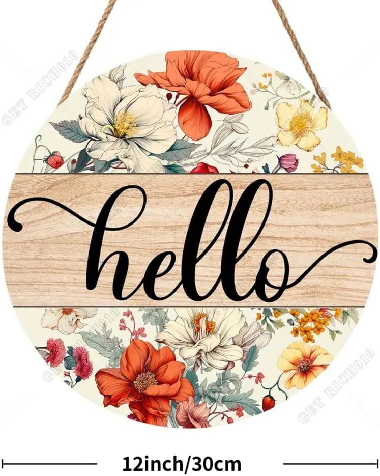 Vintage Hello Sign Farmhouse Welcome Sign with Floral Wood Plaque 12X12 Inch Colorful Spring Flower Welcome Sign for Front Porch