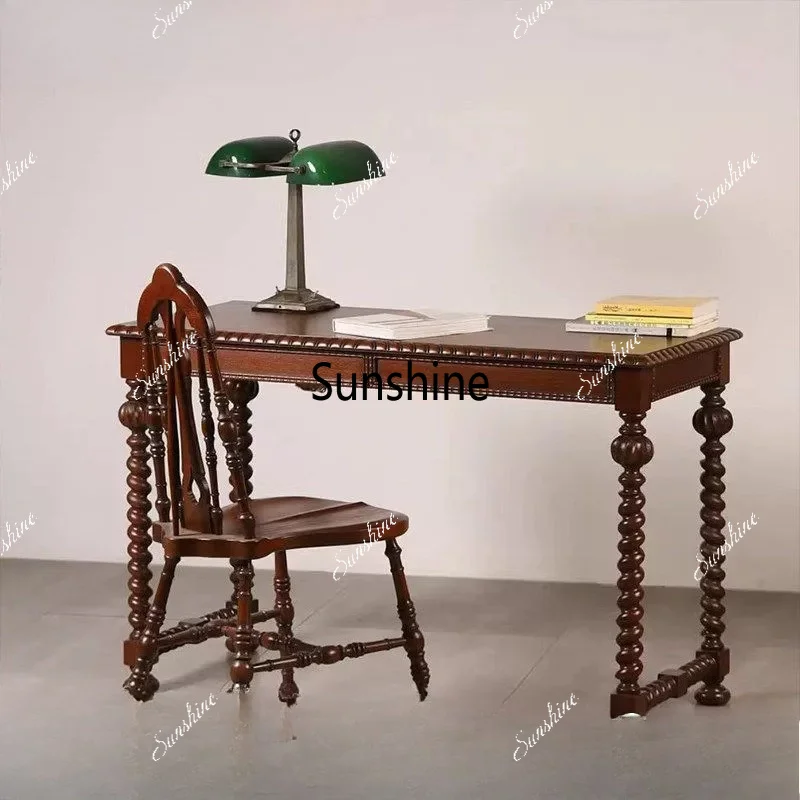 French retro solid wood desk villa living room carved twist legs office writing desk