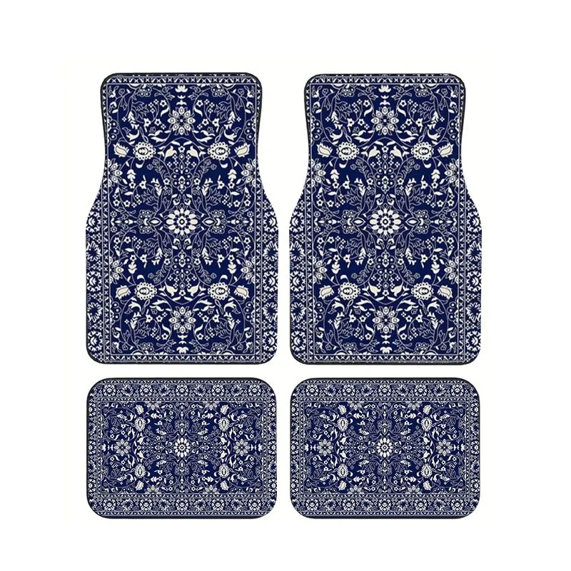

Navy Blue Persian Floral Car Floor Mats 4pcs Ethnic Oriental Style Universal Auto Foot Mats Non-slip Anti-dirt Durable Carpet
