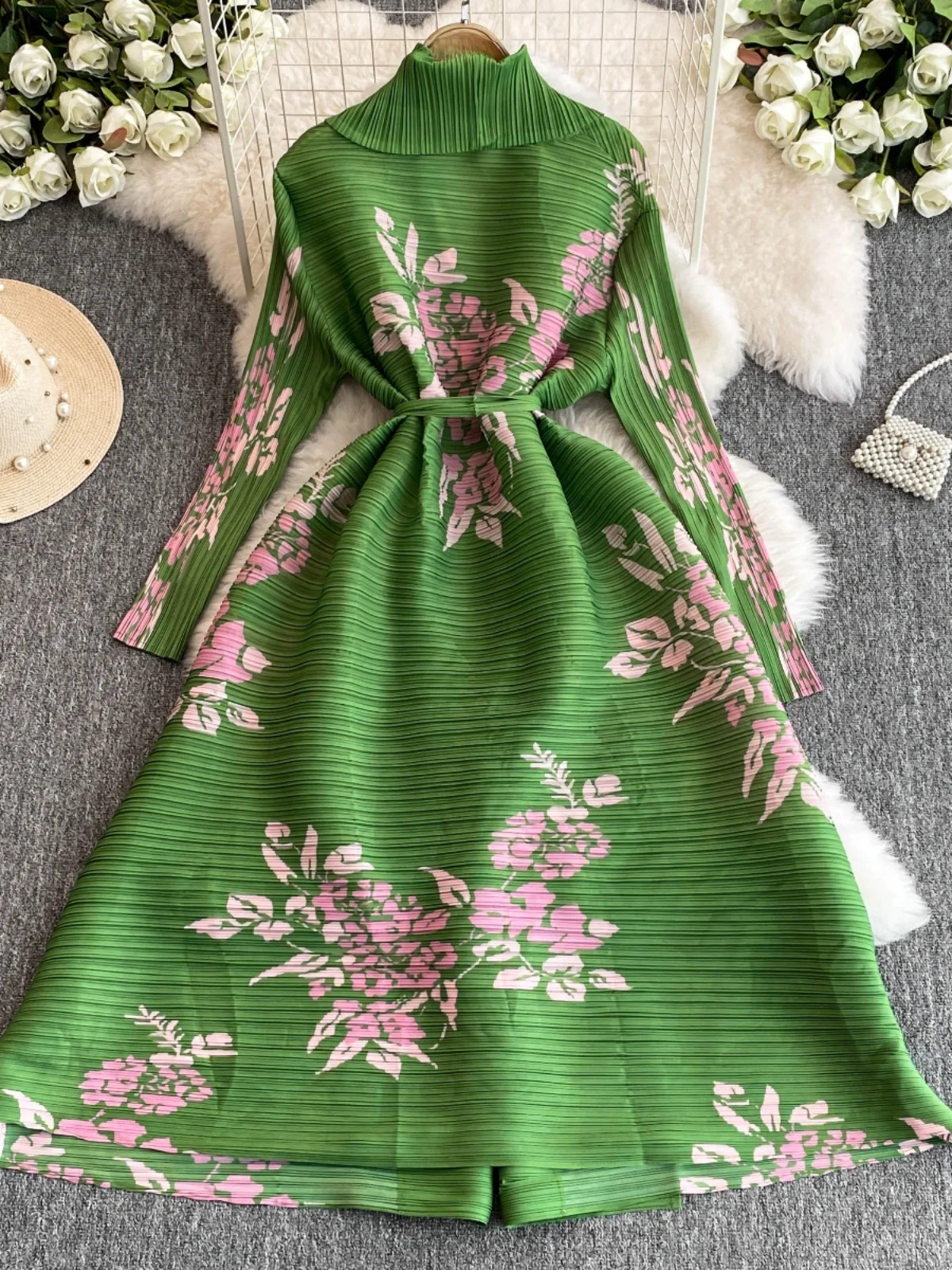 Nuovo abito cinese a vita larga con pieghe a vita alta lungo Sve V-Ne A-Line Midi Dr per donna taglie forti