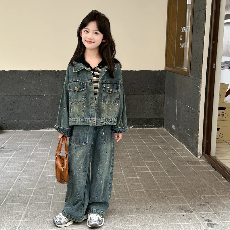 Children Girl Denim Clothing Set School Girl Graffiti Lapel Single-breasted Denim Jacket+Straight Jeans Boutique Kids Clothing