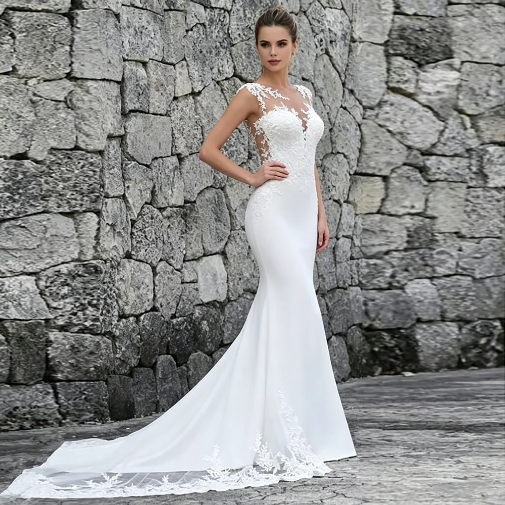 Fotografia 6: Vestido de Noiva Sereia com Decote Ilusão em V, Sem Mangas, Apliques de Renda, Costas Abertas Vazadas, Cauda de Tule, Personalizado 2026