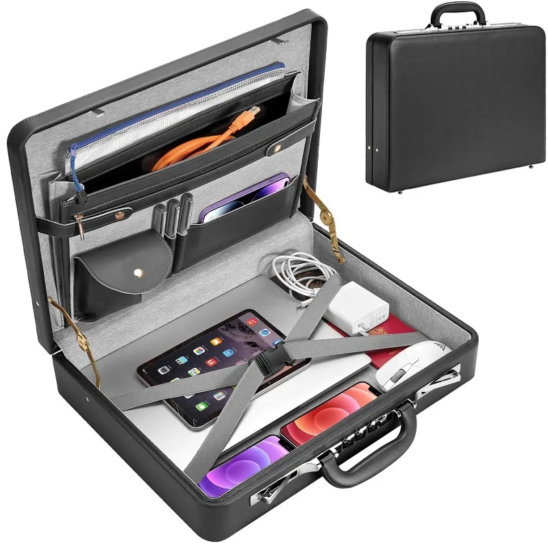 PU Leather Laptop Security Case with Combination Lock, Portable Business Briefcase for Meetings