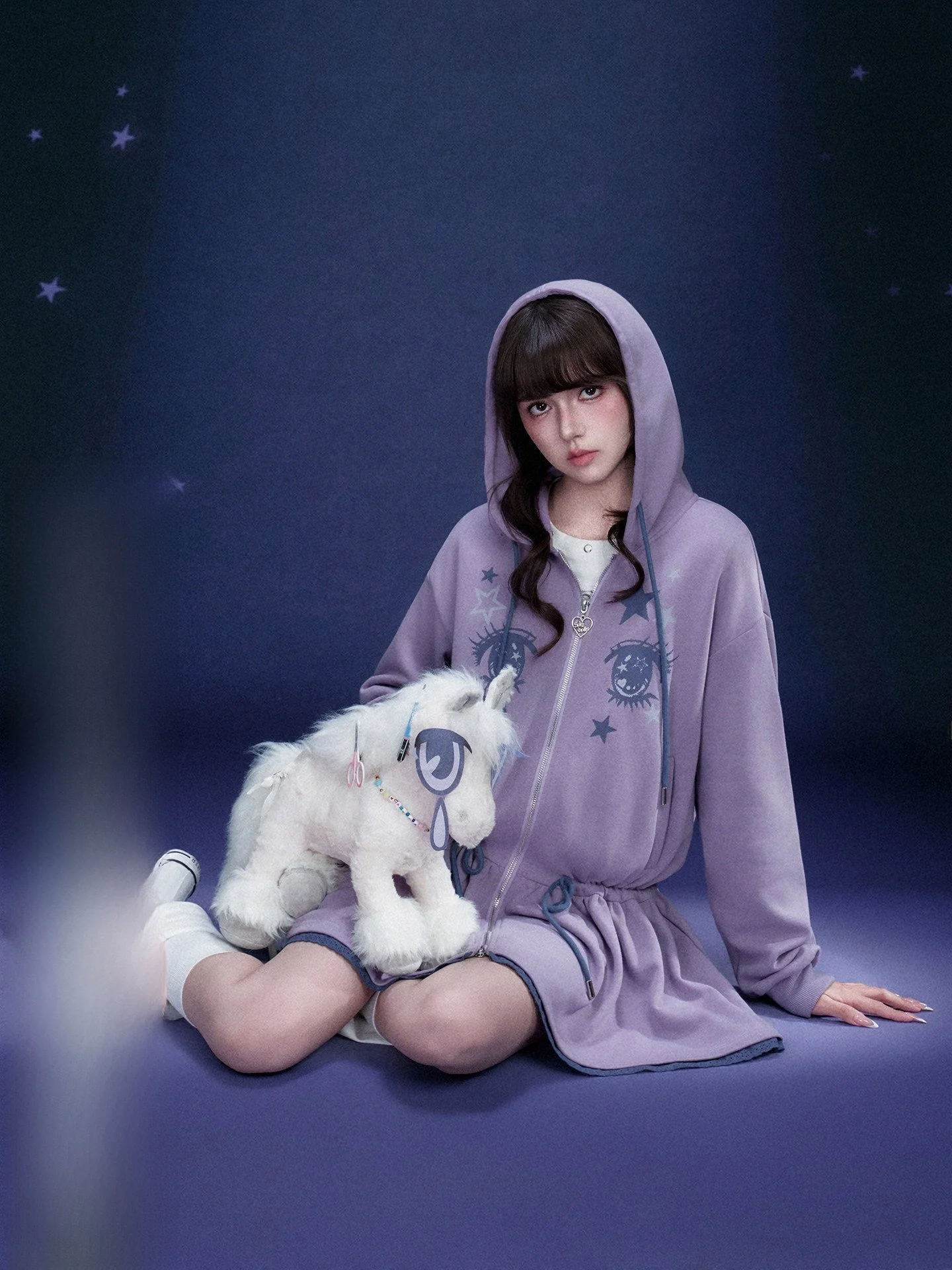 

SagiDolls Girl's Motivated Unicorn Hunting Purple Manga Eye Hoodie Dress Loose Slimming Spring Cotton Long Sleeve Zipper Dress