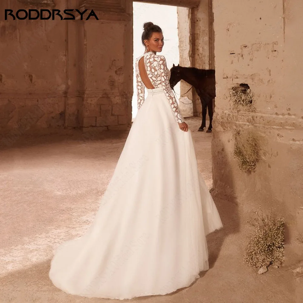 Roddrsya robe de mariée musulmane sans dos en dentelle 2024 mariRODDRSYA-Robe de Mariée Musulmane en Dentelle, Dos aux, Col Rond, Manches sulf, Style Bohème, A-ligne, pour Patients, Quelle que soit la Taille Plus, 2024