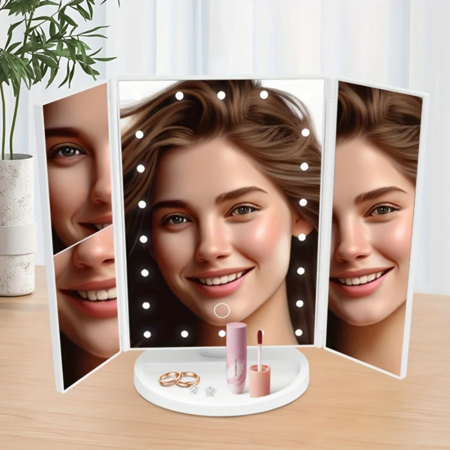 Portable Double Way Powered LED Light Trifold Makeup Mirror with 1/2/3x Magnification for Travel and Table Vanity