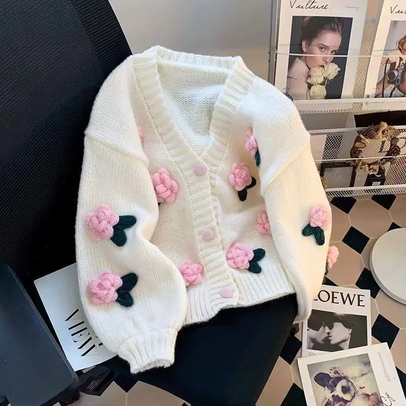 

New 3D Flower Knitted Cardigan Women Sweet Cute Korean All-Match V Neck Sweater Coat Autumn Winter Gentle Style Knitted Cardigan