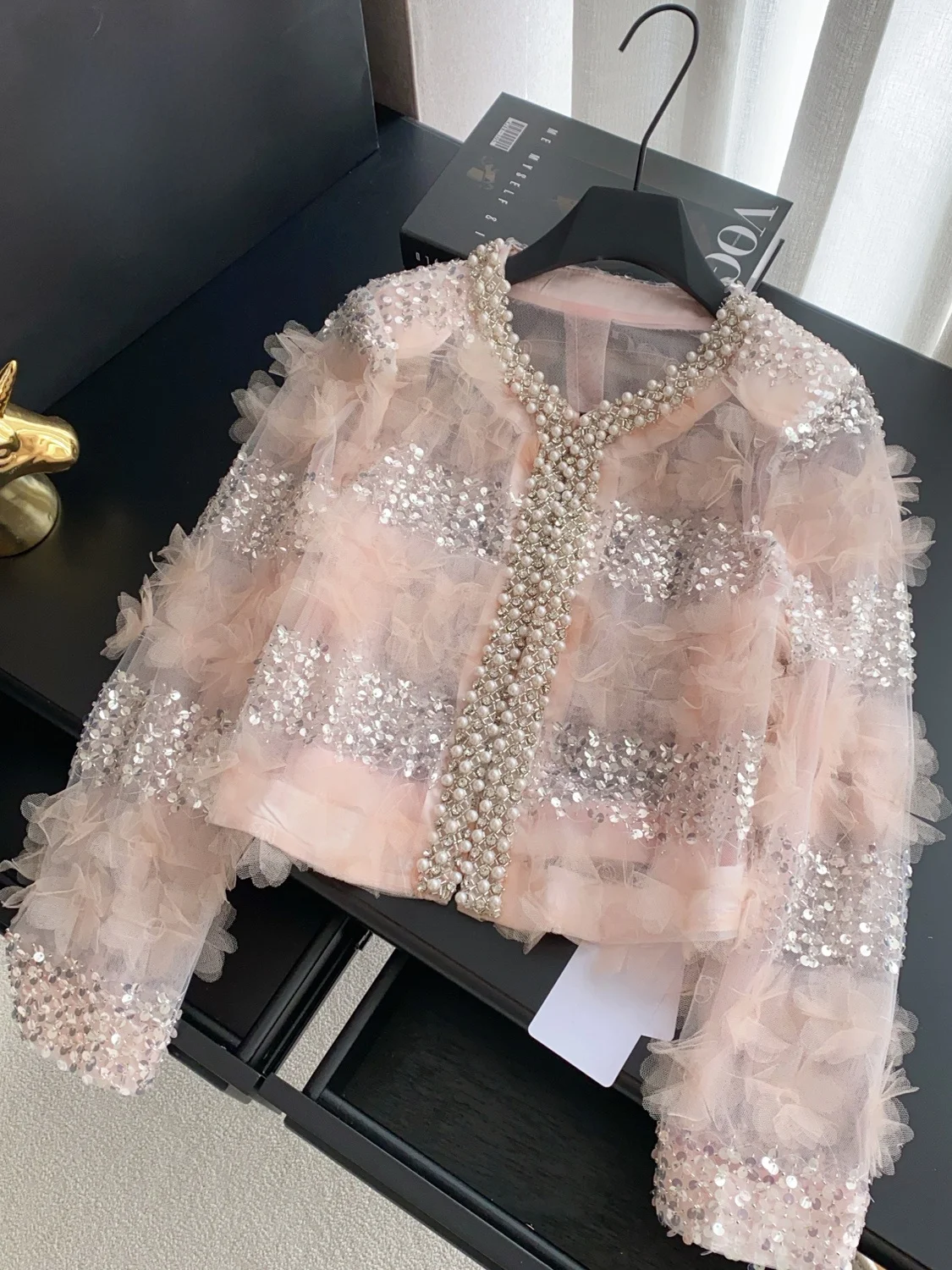 

Ele ort Diamond Embellied Sequin 3D Flower Jaet Women's Faionable Versatile Trendy Top Korean Sle Loose Fit