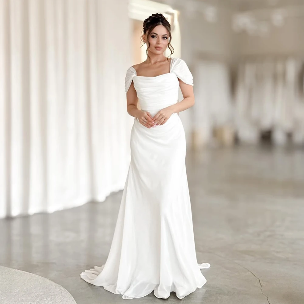 

Customized Square Neck Satin Wedding Dress Puff Sleeve Ruched Mermaid Bridal Gown with Elegant Bridal Dress for Luxury Wedding