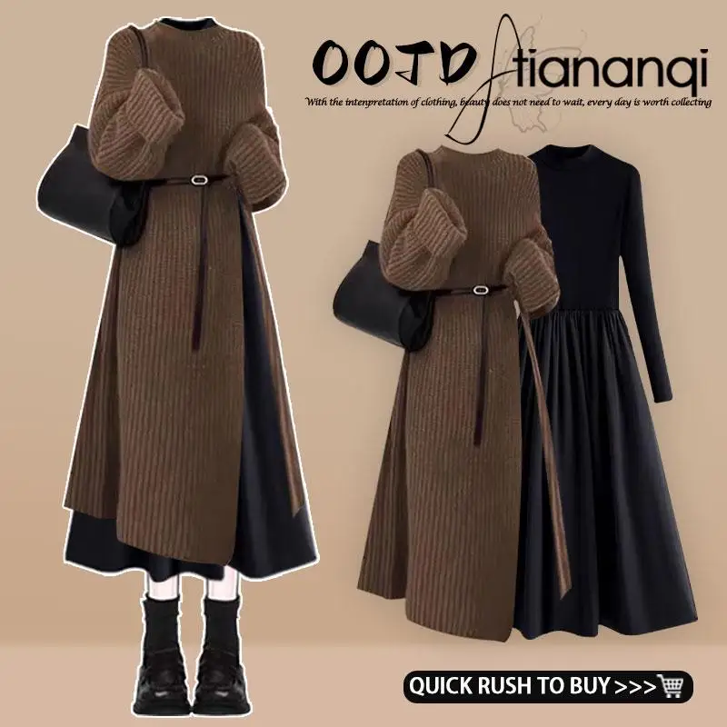 

Ele Long Knitted Sweater And Hepburn Sle Dr Two Piece Set for Women Autumn New Arrival High Quali Faion Set