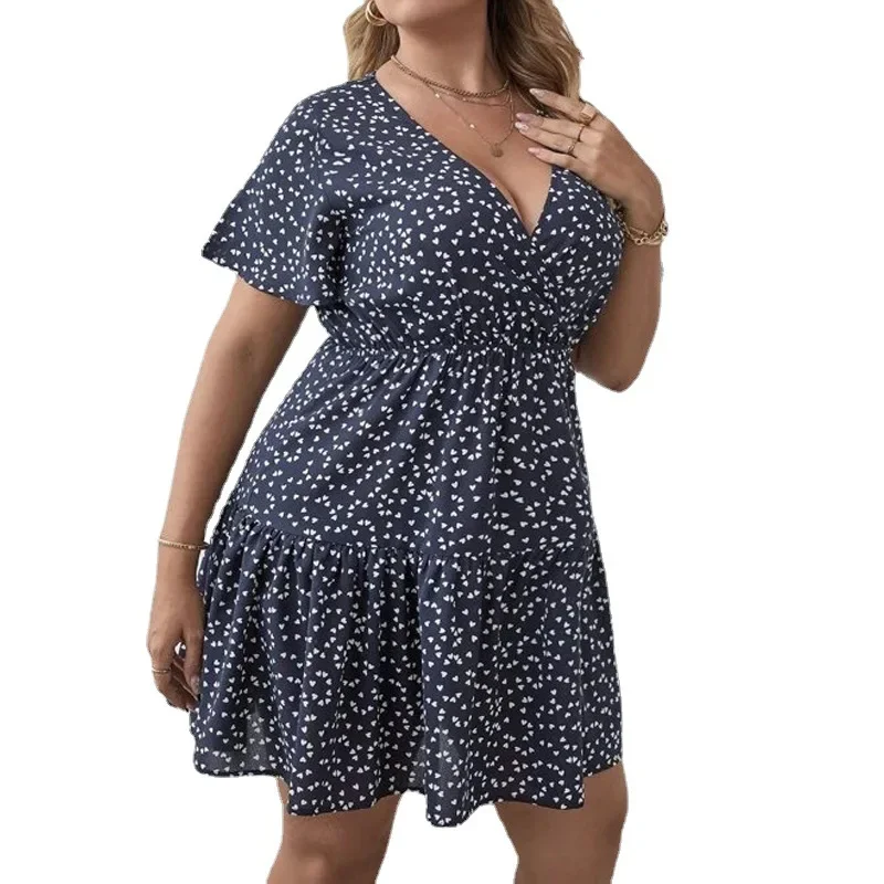 Sexy Deep V-Neck Mini Dresses For Women Summer Plus Size Print Ruffle Short Sleeve Boho Vestido Feminino A-Line Elegant Dress