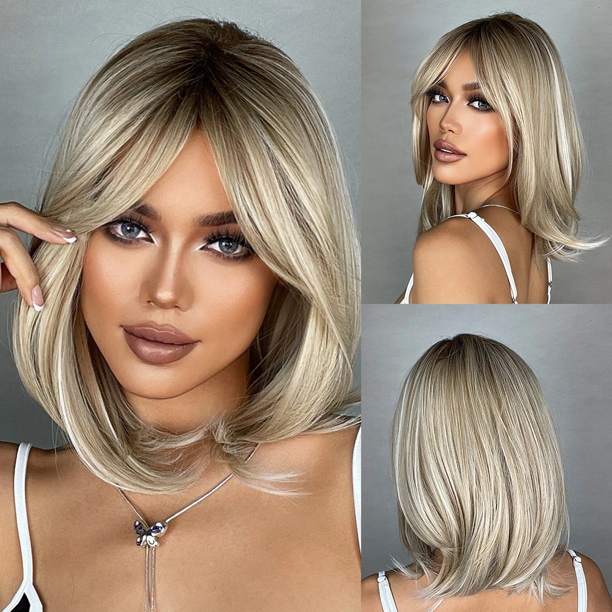 

LOUIS FERRE Blonde Short Straight Wigs for Women Shoulder Length Layered Synthetic Hair Wig with Dark Roots Natural Fluffy Daily