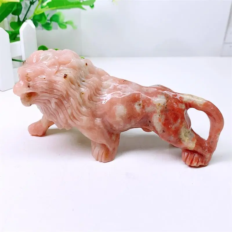 Natural Plum Blossom Tourmaline Lion Carving Sculpture Quartz Healing Energy Gemstone Crafts For Home Decoration 1PCS