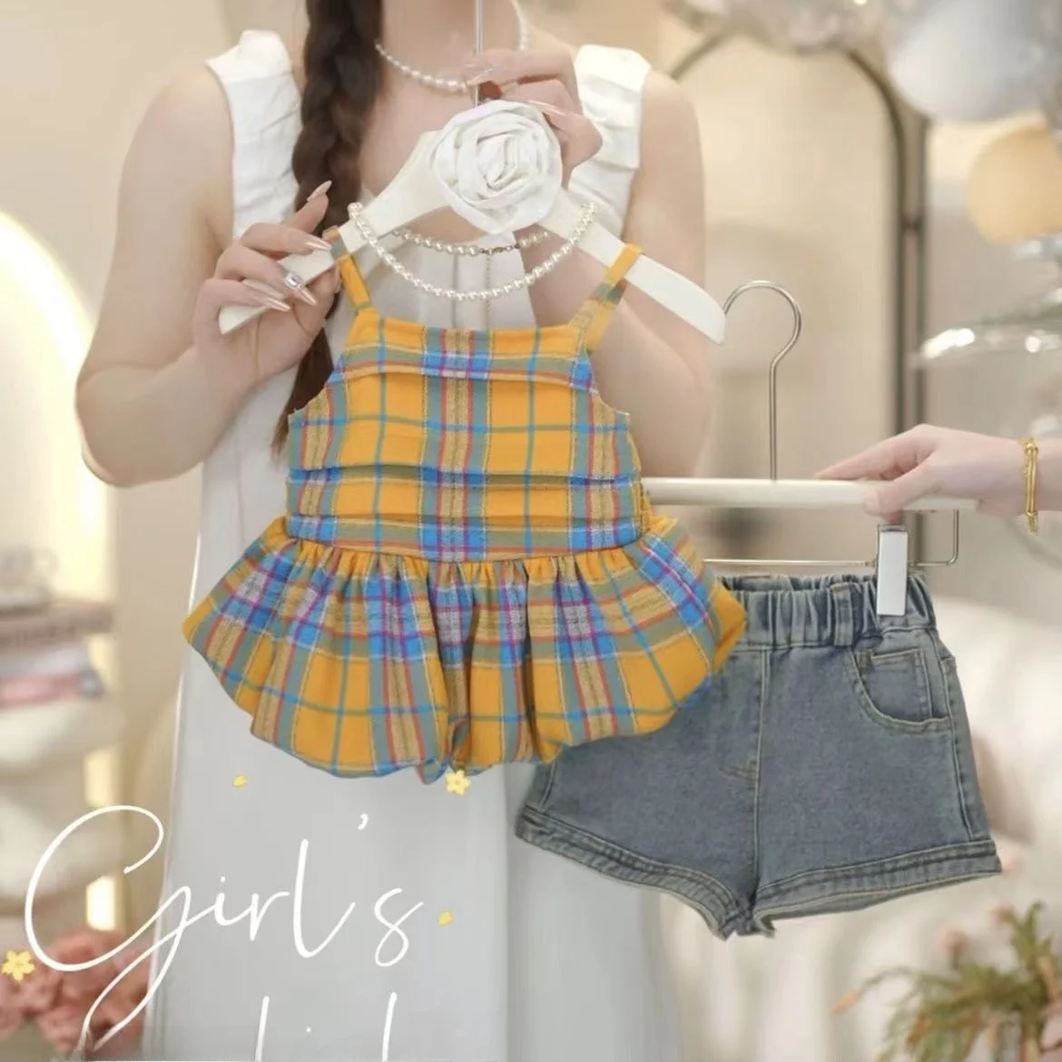 

Лето 2024, комплект из двух предметов для девочек, корейский джинсовый комплект Sle Faion с ремешками, универсальная модная круглая одежда на голову