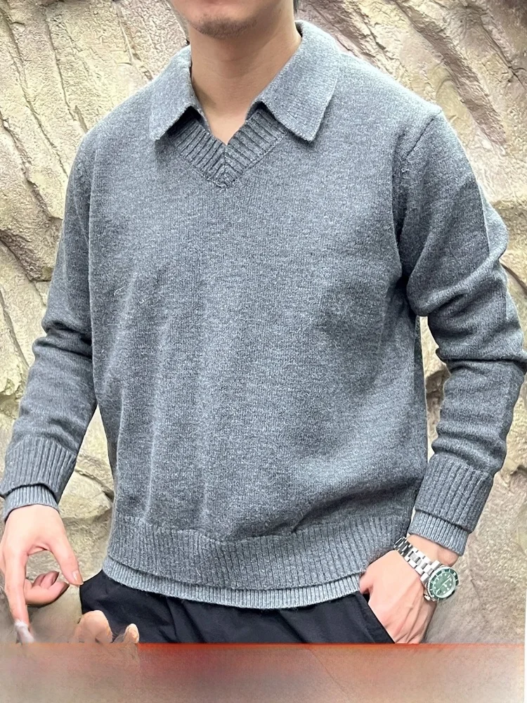 

Итальянский мужской свитер с v-образным вырезом и воротником из двух частей, вязаный элитный осенне-зимний теплый свободный крой, повседневная одежда
