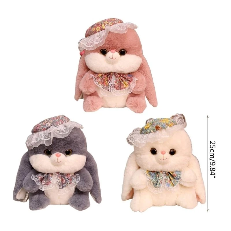 Búp bê thỏ nhồi bông có mũ ren hoa Đồ chơi xoa dịu sang trọng Đồ chơi trẻ sơ sinh 15UB