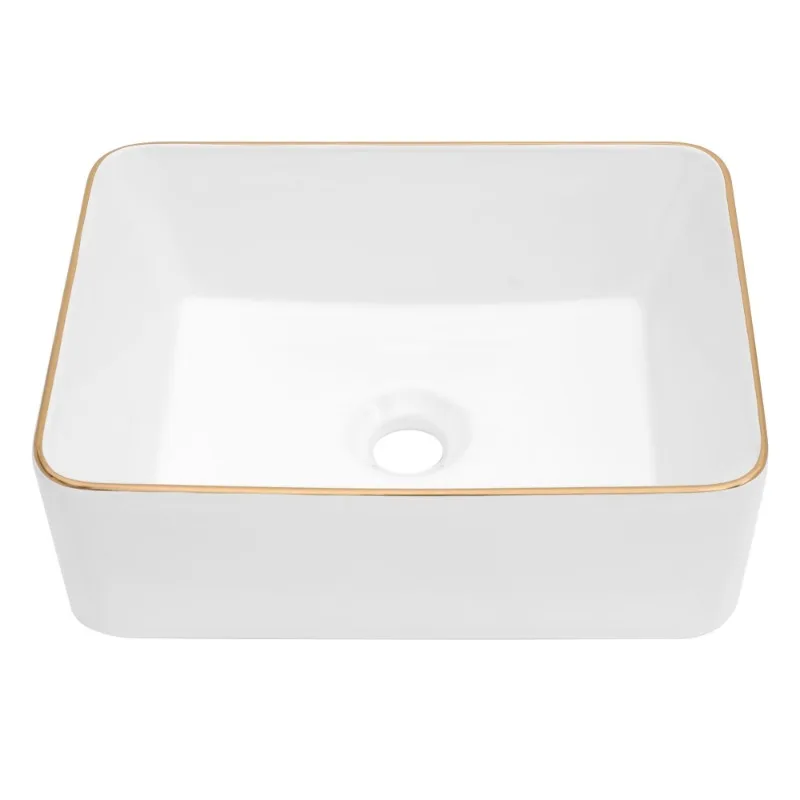 White ceramic rectangular washbasin with gold-plated edges, modern design