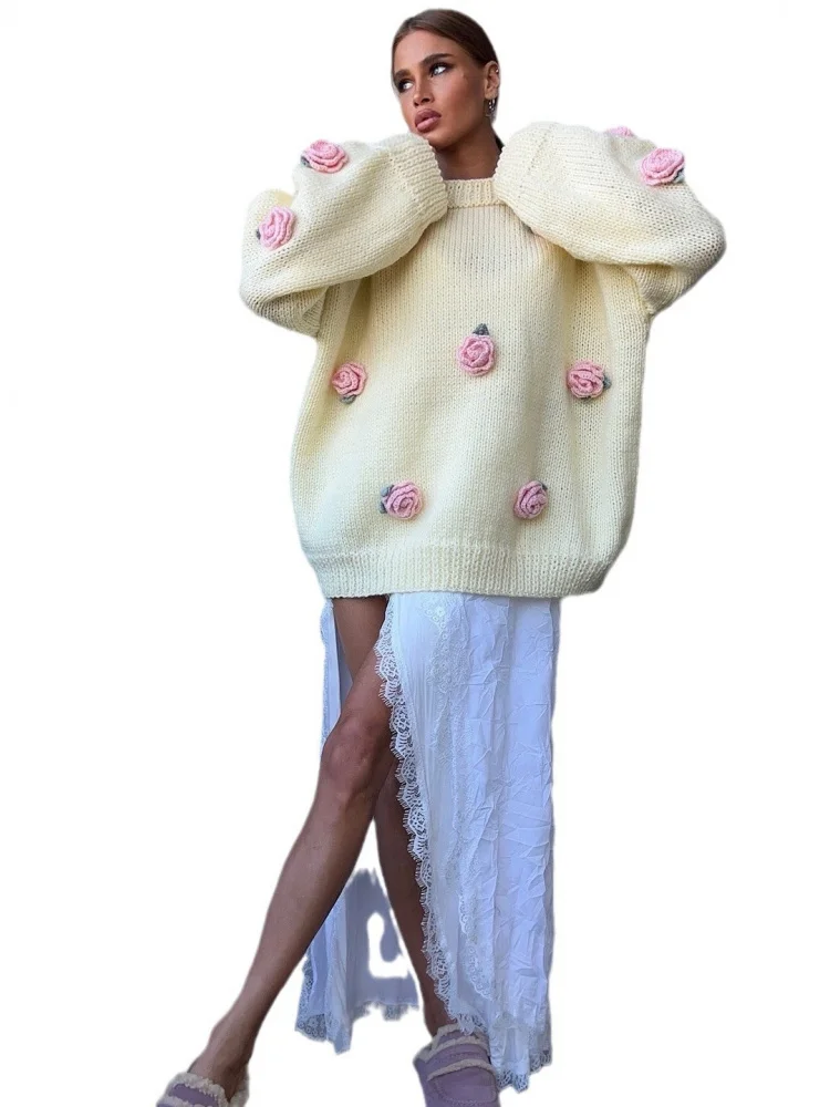 American Sle round Ne Maglione Decorazione floreale Semplice sensazione di fascia alta Autunno New Sle Maglieria da donna Sweet Fit pe